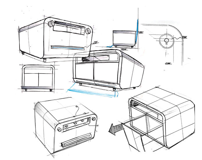 Various angles of draft sketches of Sobro table